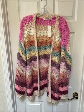 Boho Striped Open-Front Crochet Cardigan Sweater - Pink Multi